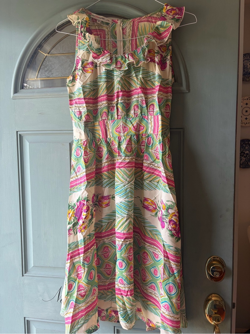 Gorgeous Anthro Brand Corey Lynn Calter Pink Green Floral Ruffle Neck Dress